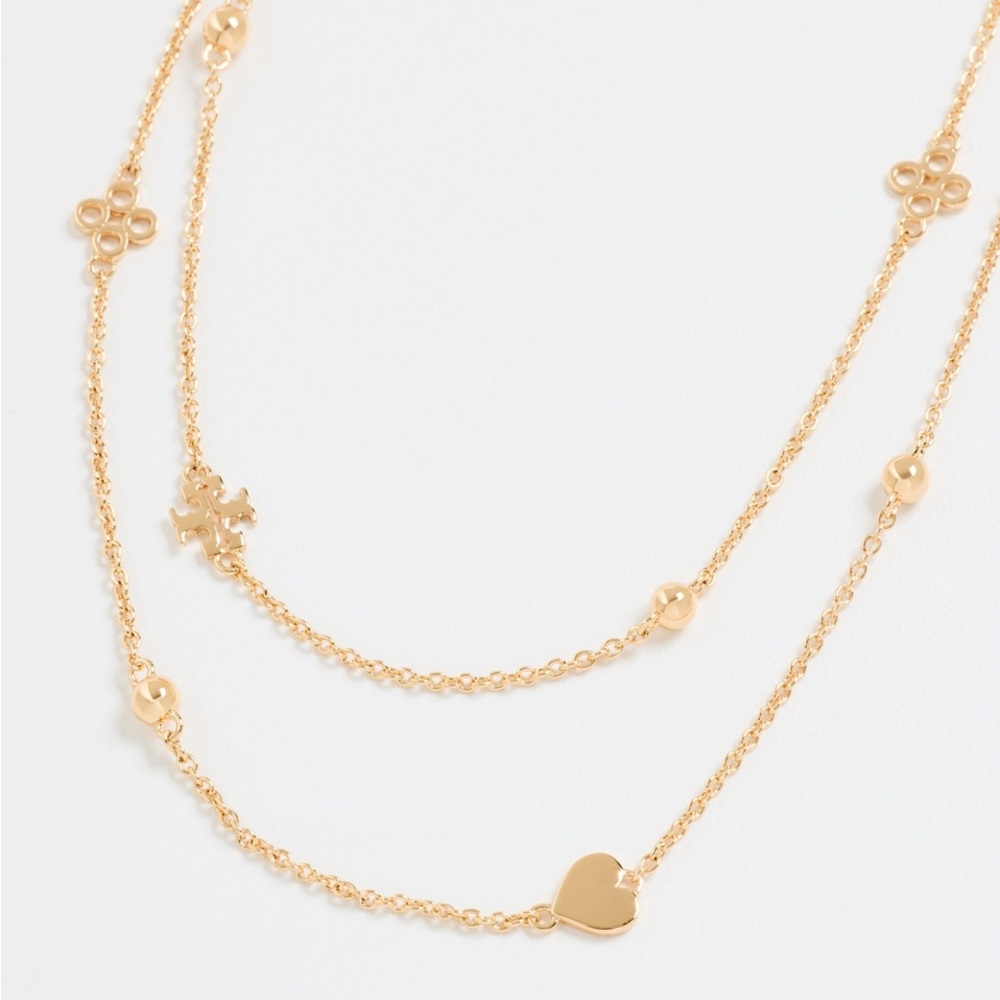 Tory Burch Kira Layered Necklace Gold 18k Plated Logo Heart Charms NEW - Picture 5 of 6